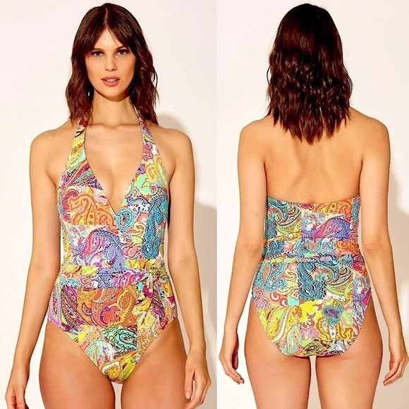 Bleu Rod Beattie Bohemian Paradise Halter One Piece Paisley Boho Swimsuit Sz 12 - Picture 1 of 11